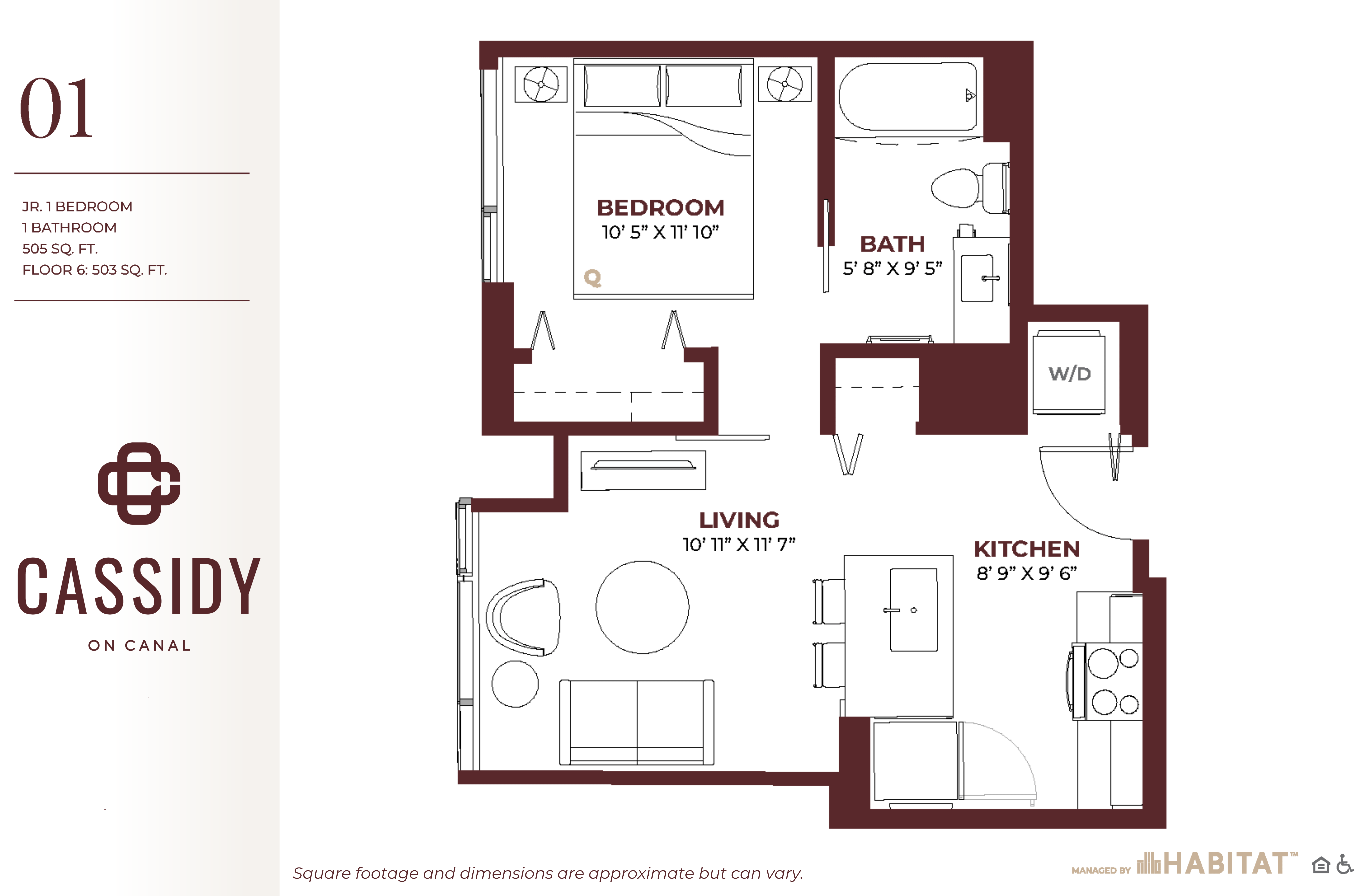 Floor plan for 1 bed, 1 bath, 505 sqft